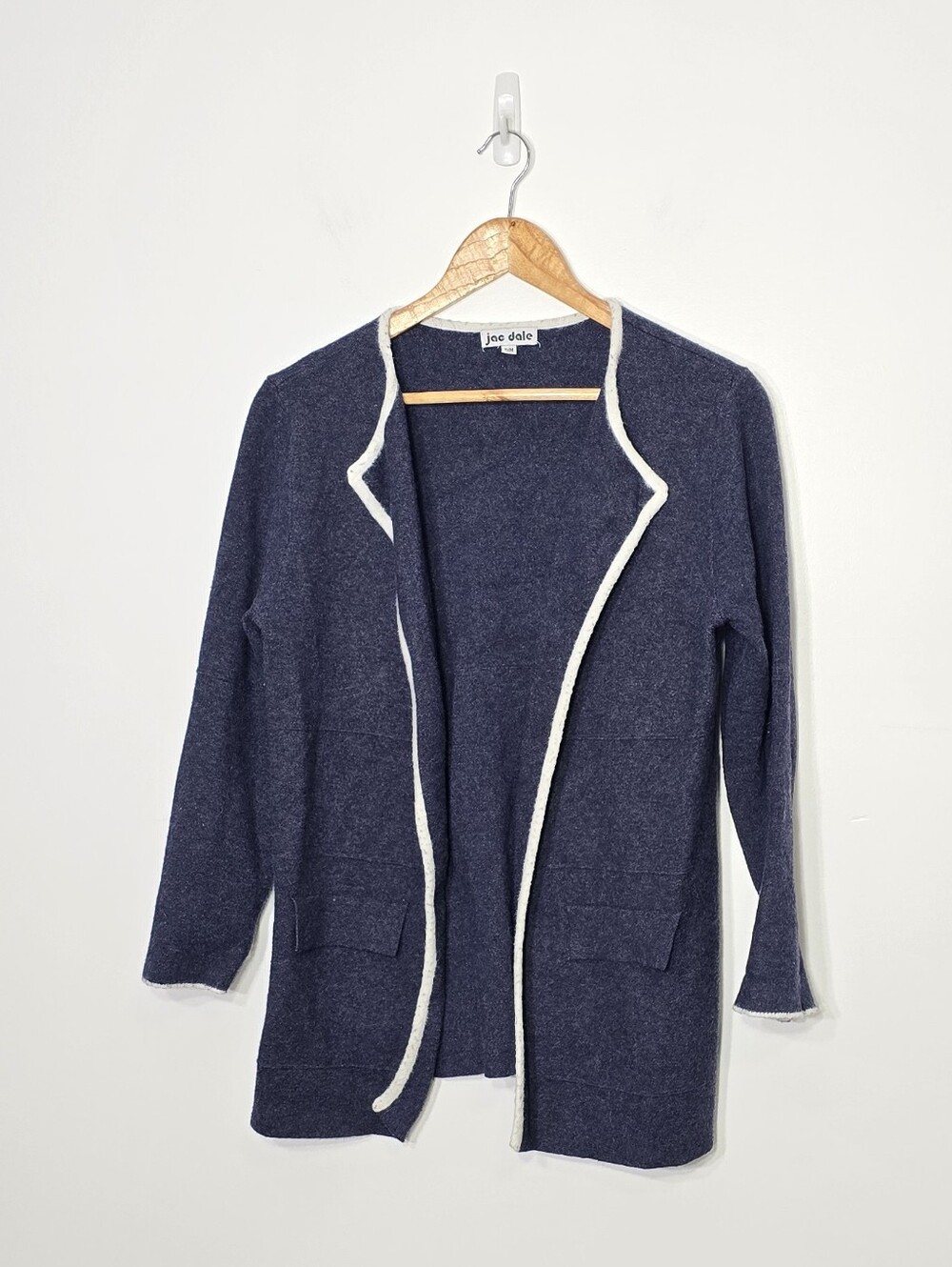 Jac Dale Vintage Blue Ivory Trim Soft Open Sweater Cardigan Business Casual S/M